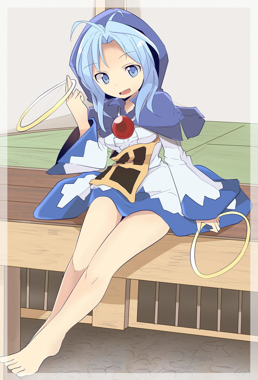 bare_legs barefoot blue_eyes blue_hair breasts capelet dress highres hood hood_up indoors jewelry kesa kumoi_ichirin legs long_sleeves looking_at_viewer mukuroi open_mouth pendant shiny shiny_hair short_dress short_hair sitting small_breasts solo spinning tatami toes touhou white_dress wide_sleeves