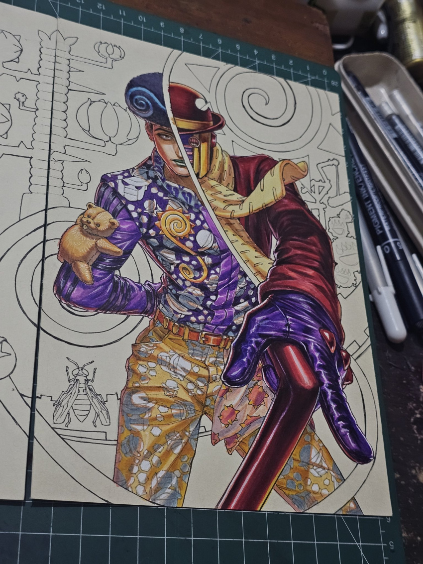 1boy 1other afro alternate_costume arm_behind_back art_tools_in_frame belt blue_hair bowler_hat brown_coat brown_hat cane character_print coat dododo_de_dadada english_commentary gloves green_lips hat hexagon_print highres holding holding_cane jojo_no_kimyou_na_bouken jojo_pose jojolion locacaca long_sleeves looking_at_viewer male_focus marker_(medium) maya_panda obladi_oblada orange_belt pants photo_(medium) purple_gloves purple_shirt purple_vest scarf shirt solo split_theme stand_(jojo) stuffed_animal stuffed_toy sun_print teddy_bear tooru_(jojolion) traditional_media unfinished vest wasp wonder_of_u yellow_pants yellow_scarf