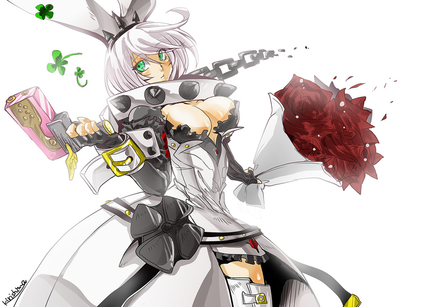 ahoge animal_ears arc_system_works blush bouquet breasts bunny_ears chains cleavage clover collar dress elphelt_valentine fingerless_gloves flower four-leaf_clover gloves green_eyes guilty_gear guilty_gear_xrd guilty_gear_xrd:_revelator gun handgun kirishima_sanagi large_breasts red_rose rose shiny shiny_hair shiny_skin short_hair silver_hair simple_background solo thighhighs weapon white_background white_dress