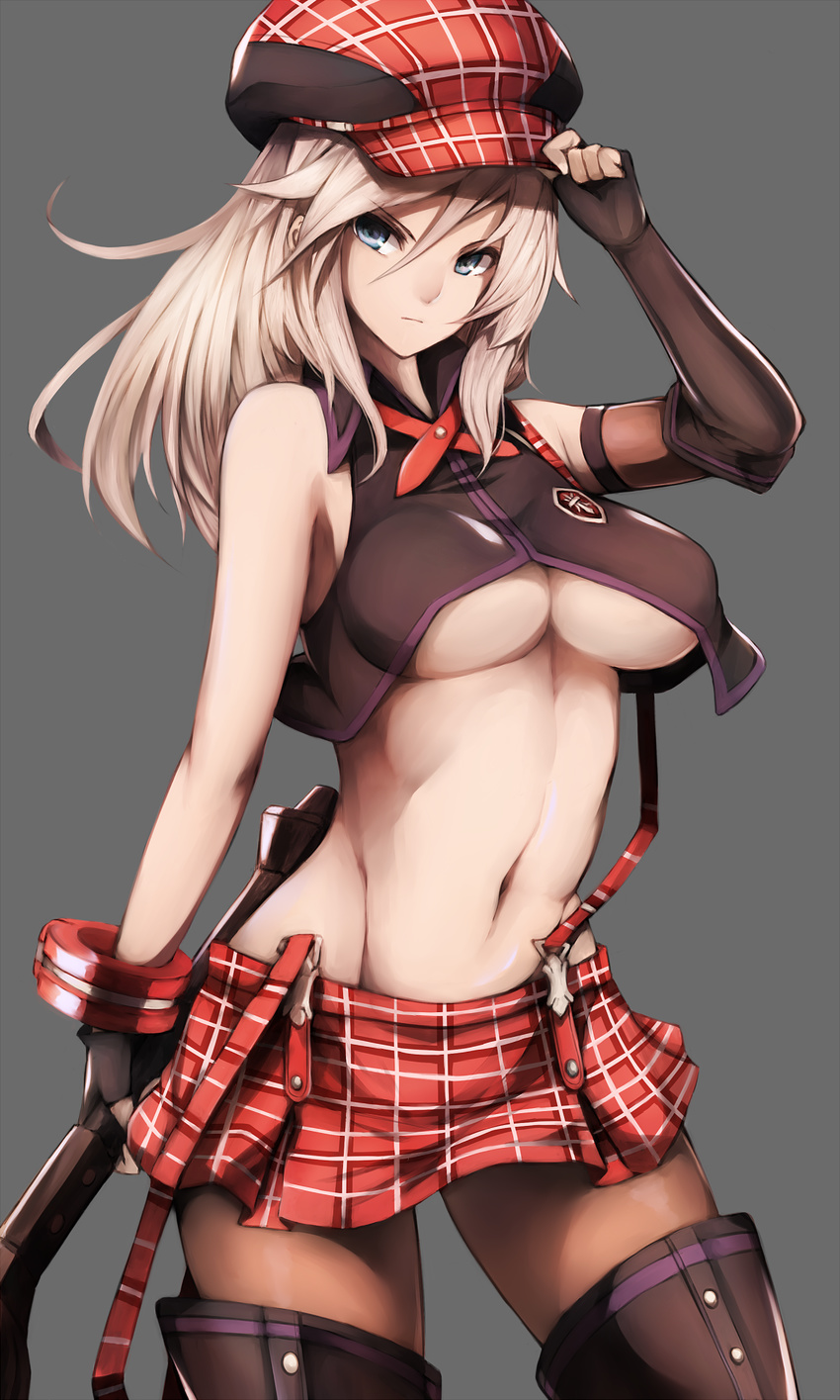 adjusting_clothes adjusting_hat alisa_ilinichina_amiella bad_id bad_pixiv_id beret black_footwear black_legwear blue_eyes boots breasts checkered checkered_hat fingerless_gloves gloves god_eater god_eater_burst hat highres huge_breasts inaba_sunimi long_hair mismatched_gloves navel pantyhose simple_background skirt solo suspenders thigh_boots thighhighs underboob