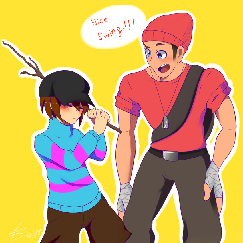 blush clothing duo hat human male mammal protagonist_(undertale) scout_(team_fortress_2) simple_background stick sweater team_fortress_2 text trandafilov undertale valve video_games