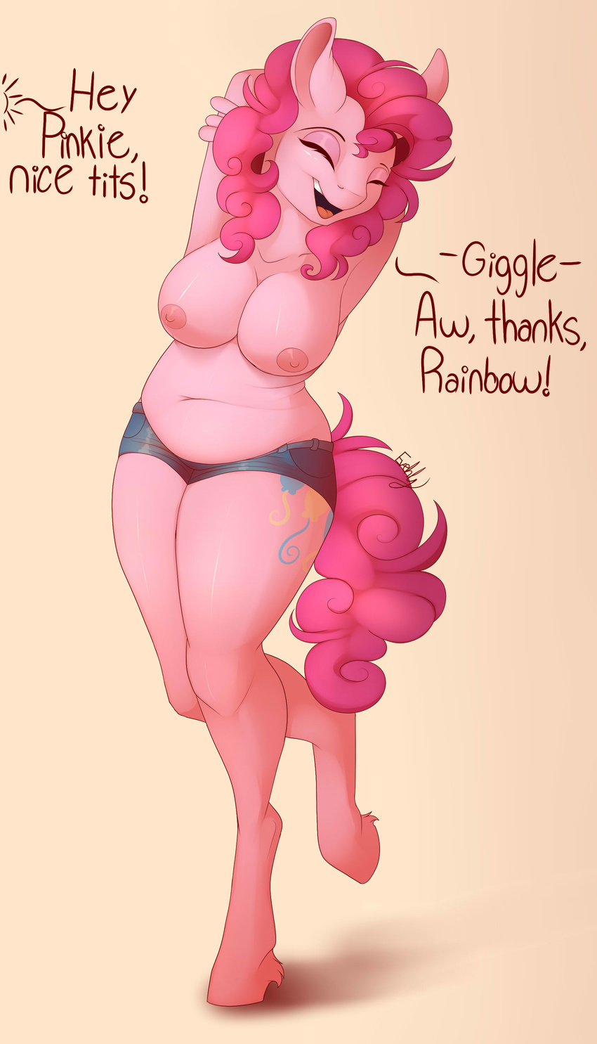 2016 absurd_res anthro anthrofied areola arms_above_head big_breasts breasts clothing dialogue english_text equine evehly female friendship_is_magic hair hands_behind_back hi_res horse mammal muffin_top my_little_pony nipples pink_hair pinkie_pie_(mlp) pony pose shorts slightly_chubby smile solo text