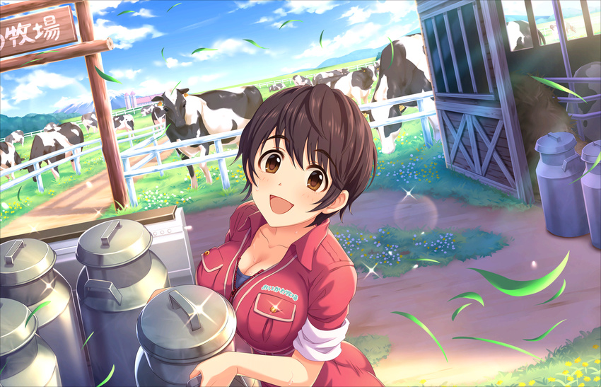 :d artist_request bangs barn black_hair blush breasts brown_eyes brown_hair cleavage cloud collarbone cow day dirt eyebrows eyebrows_visible_through_hair farm fence flock glint grazing_(livestock) horizon idolmaster idolmaster_cinderella_girls idolmaster_cinderella_girls_starlight_stage jumpsuit large_breasts lens_flare looking_at_viewer milk_churn official_art oikawa_shizuku open_mouth outdoors ranch rural short_hair sign sky sleeves_rolled_up smile solo sunlight sweat wind