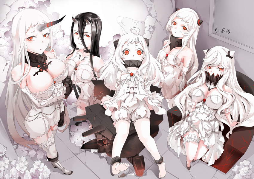 ahoge airfield_hime alternate_costume bare_shoulders battleship_hime black_hair breasts choker claws cleavage collarbone commentary_request covered_mouth dress enemy_aircraft_(kantai_collection) from_above garter_straps hair_between_eyes highres horn horns kabaneneko kantai_collection large_breasts long_hair looking_at_viewer machinery midway_hime multiple_girls northern_ocean_hime red_eyes seaport_hime shinkaisei-kan signature sitting spaghetti_strap turret white_dress white_hair white_legwear white_skin