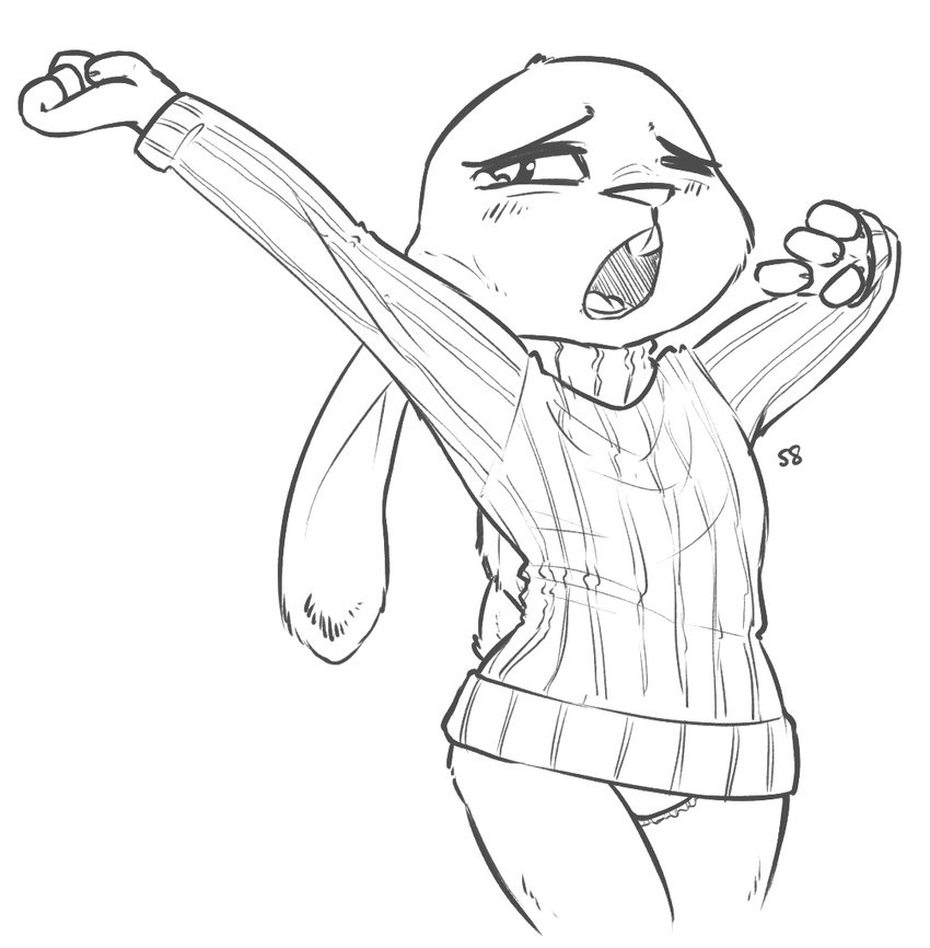 alec8ter anthro blush clothed clothing disney ears_down female judy_hopps lagomorph mammal open_mouth panties rabbit simple_background solo stretching sweater underwear yawn zootopia