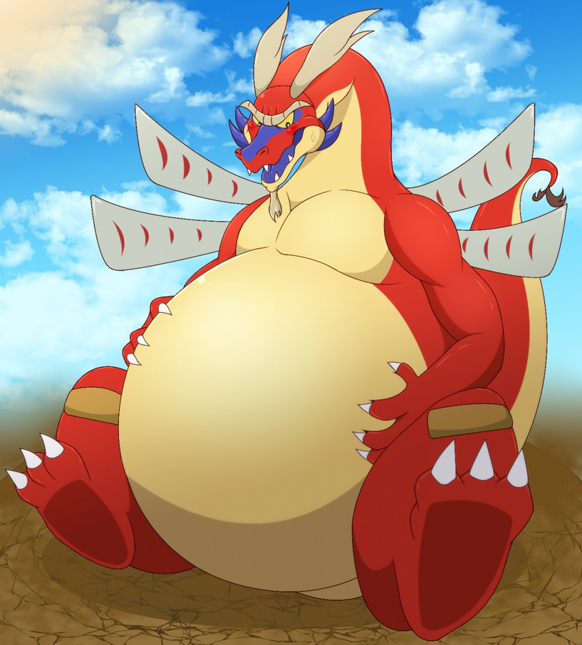 3_toes 4_fingers belly big_belly blue_tongue blush claws cloud dragon facial_hair fard goatee male nervous nintendo open_mouth overweight scalie semi-anthro sharp_teeth sitting sky solo tagme teeth the_legend_of_zelda toes tongue unibrow valoo video_games wind_waker wings