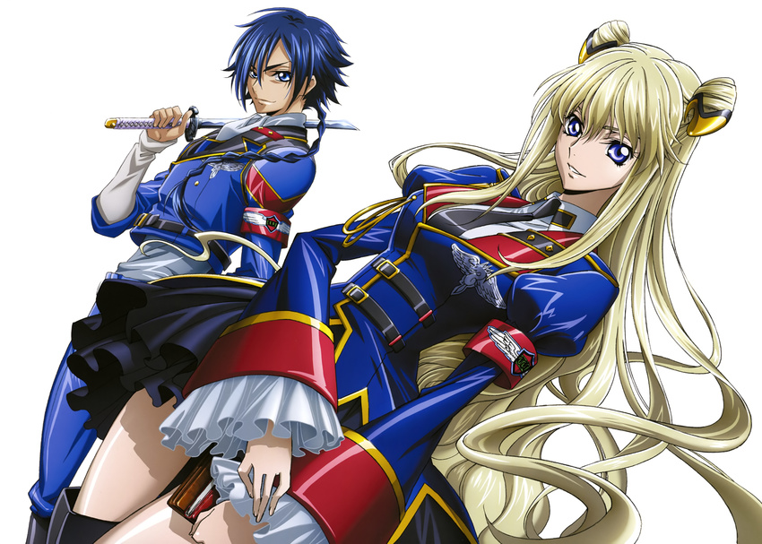 1girl absurdres black_footwear black_neckwear blonde_hair blue_eyes blue_hair book boots braid code_geass:_boukoku_no_akito highres holding holding_book holding_sword holding_weapon hyuuga_akito leila_(code_geass) long_hair looking_at_viewer necktie official_art simple_background sword thigh_boots thighhighs uniform weapon white_background