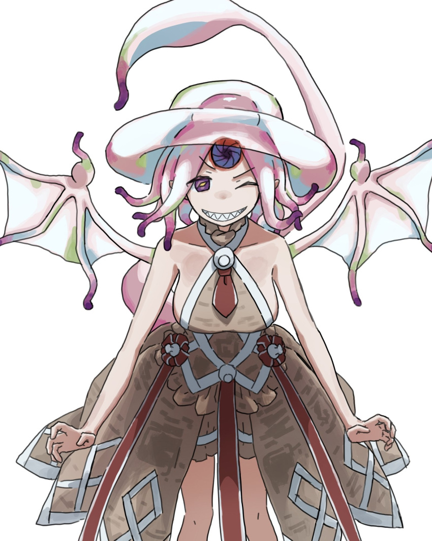 1girl armpits bare_arms bare_shoulders breasts commentary_request cowboy_shot demon_girl demon_wings feet_out_of_frame grin headgear highres hole_in_head horizontal_pupils large_breasts leaning_forward looking_at_viewer multicolored_eyes one_eye_closed out_of_frame pale_skin pointy_ears purple_eyes qliphah_puzzle_545 sharp_teeth sideboob simple_background sleeveless smile solo symbol-shaped_pupils tail tatararashi teeth tentacle_hair tentacles toaru_majutsu_no_index toaru_majutsu_no_index:_new_testament v-shaped_eyebrows white_background wings yellow_pupils