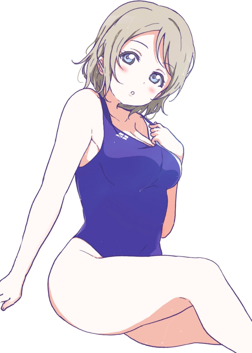 bare_shoulders blue_eyes blush breasts brown_hair competition_swimsuit highres icehotmilktea looking_at_viewer love_live! love_live!_sunshine!! medium_breasts one-piece_swimsuit short_hair solo swimsuit watanabe_you