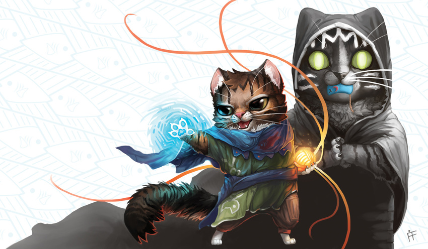 anthro cat cloak clothing feline firefeathers front_view glowing looking_away magic magic_the_gathering male mammal parody sharp_teeth signature standing teeth whiskers