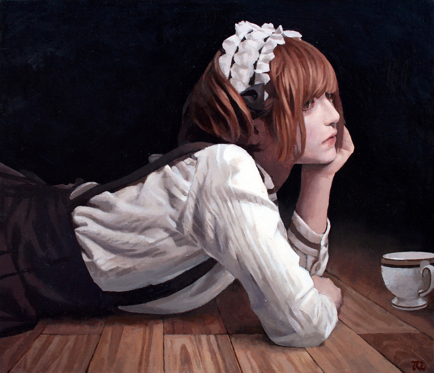 black_background brown_eyes brown_hair commentary cup hand_on_own_chin head_rest highres imai_takahiro lips lolita_fashion lying maid_headdress oil_painting_(medium) on_stomach original profile realistic short_hair signature skirt solo suspender_skirt suspenders teacup wooden_floor