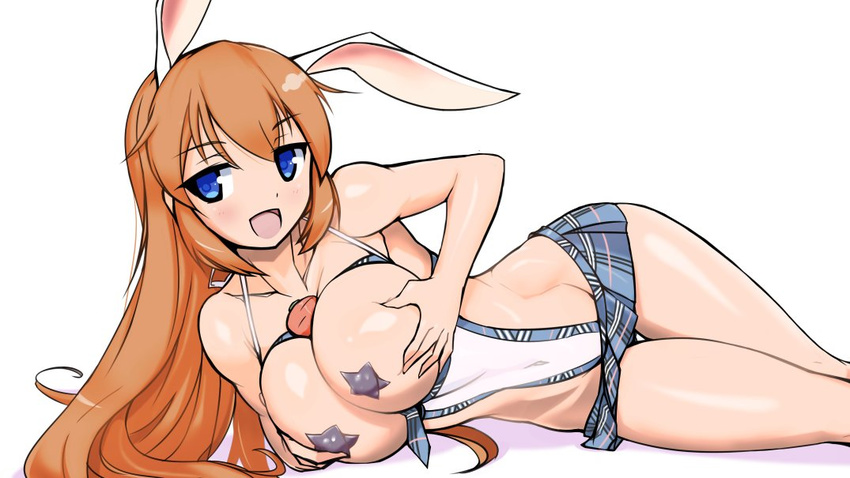 aegis_(nerocc) blue_eyes breast_grab breasts bunny_ears charlotte_e_yeager large_breasts long_hair microskirt miniskirt orange_hair pasties strike_witches