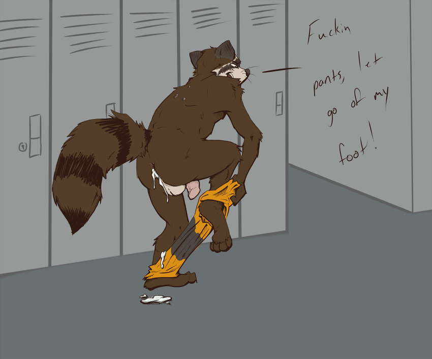 after_sex annoyed anthro anus backsack balls barefoot brown_fur butt clothed clothing cum cum_drip cum_from_ass cum_in_ass cum_inside dialogue dripping english_text flaccid flat_colors fur guardians_of_the_galaxy leaking locker locker_room male mammal marvel on_one_leg open_mouth pants pants_down partially_clothed penis raccoon rear_view ringed_tail rocket_raccoon skunkjunkie solo standing text topless undressing whiskers