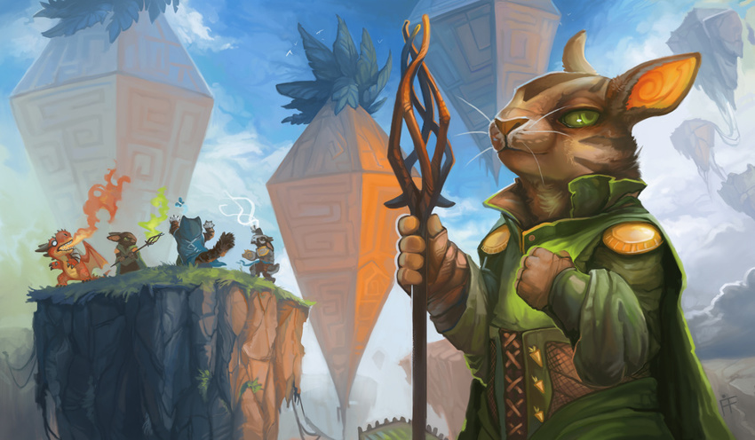 alternate_species anthro caprine cat chandra_nalaar clothing dragon feline female fire firefeathers gideon_jura goat holding_object holding_weapon jace_beleren lagomorph landscape levitation magic_the_gathering male mammal nissa_revane parody portrait rabbit robe solo_focus staff weapon whiskers