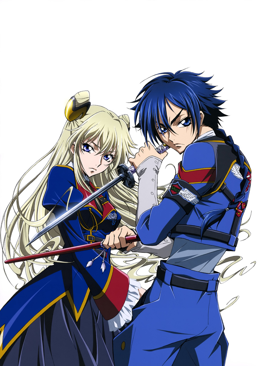 1girl absurdres blonde_hair blue_eyes blue_hair braid code_geass:_boukoku_no_akito hair_ornament highres holding holding_sword holding_weapon hyuuga_akito leila_(code_geass) long_hair official_art simple_background sword uniform weapon white_background