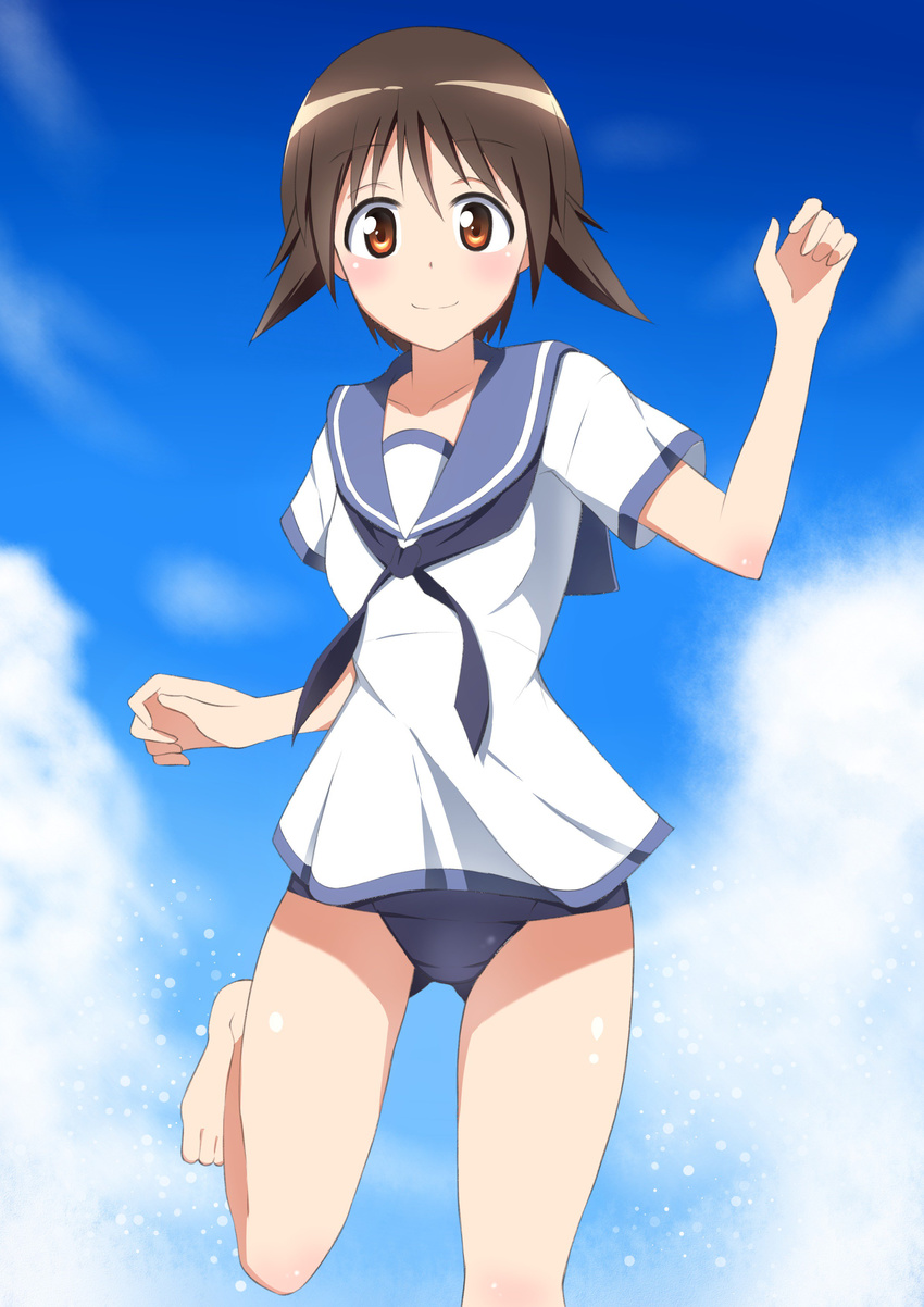 bare_feet brown_eyes brown_hair miyafuji_yoshika short_hair smile solo strike_witches sukeberosu swimsuit_under_clothes