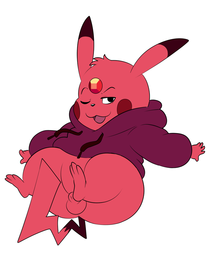 alien animal_genitalia balls barefoot bottomless cartoon_network clothed clothing eroborus flat_colors fully_sheathed gem_(species) hoodie looking_at_viewer male mammal nintendo one_eye_closed open_mouth pikachu pok&eacute;mon reclining rodent semi-anthro sheath solo steven_universe thick_thighs video_games wink