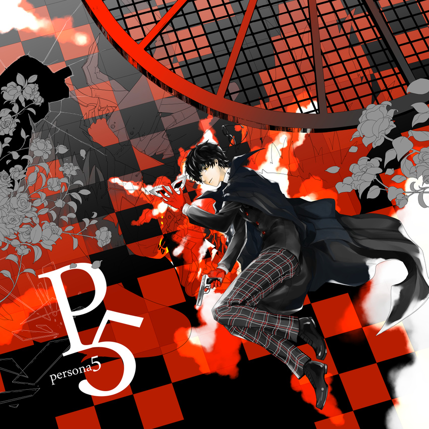 amamiya_ren arsene_(persona_5) black_hair checkered checkered_background checkered_floor copyright_name domino_mask flower gloves gun hai highres holding holding_weapon looking_at_viewer male_focus mask mask_removed messy_hair multicolored multicolored_background pants persona persona_5 plaid plaid_pants red_gloves rose school_uniform shuujin_academy_uniform solo trench_coat turtleneck weapon yellow_eyes