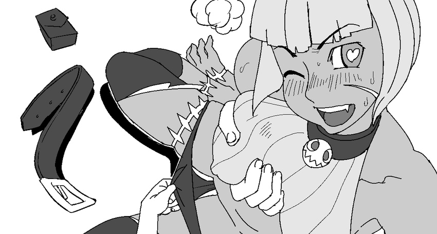 &lt;3 &lt;3_eyes animal_humanoid assisted_exposure blush breast_grab breasts breath cat_humanoid collar feline female greyscale hand_on_breast humanoid magi mammal monochrome nadia_fortune nipple_bulge one_eye_closed open_mouth pouch scar skullgirls solo_focus sweat