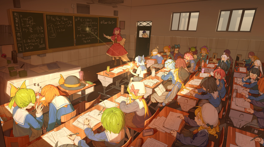 absurdres afternoon aya_shameimaru blackboard_chalk bocchi_the_rock! braid chalkboard chatting chen circuit_diagram cirno classroom cup dai_yousei electricity frieren highres hina_kagiyama ice_crystal keine_kamishirasawa koishi_komeiji komachi_ono larva light_bulb lily_black lily_white luna_child lunasa_prismriver manga_book marisa_kirisame medicine_melancholy murasa_minamitsu nostalgia parsee_mizuhashi peeking physics ran_yakumo reflection ribbon rumia sailor_collar sakuya_izayoi satori_komeiji school_uniform sleeping sousou_no_frieren star_sapphire studying sunlight sunny_milk touhou utsuho_reiuji window wriggle_nightbug writing yamame_kurodani yawning yazato_ichimushi yukari_yakumo yumemi_okazaki yuugi_hoshiguma zashiki-warashi