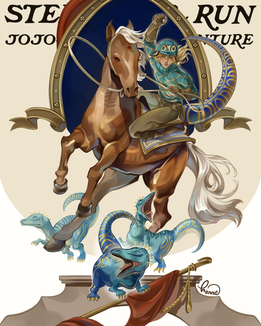 argyle_clothes argyle_sweater blonde_hair blue_helmet blue_sweater blue_tail brown_gloves brown_pants closed_mouth diego_brando dinosaur dinosaur_tail english_commentary english_text fangs gloves hand_up helmet highres holding holding_eyeball holding_reins horseback_riding jodhpurs jojo_no_kimyou_na_bouken looking_to_the_side medium_hair open_mouth pants reins riding saddle scary_monsters_(stand) silver_bullet_(jojo) stand_(jojo) star_(symbol) steel_ball_run sweater tail thehanniebunny