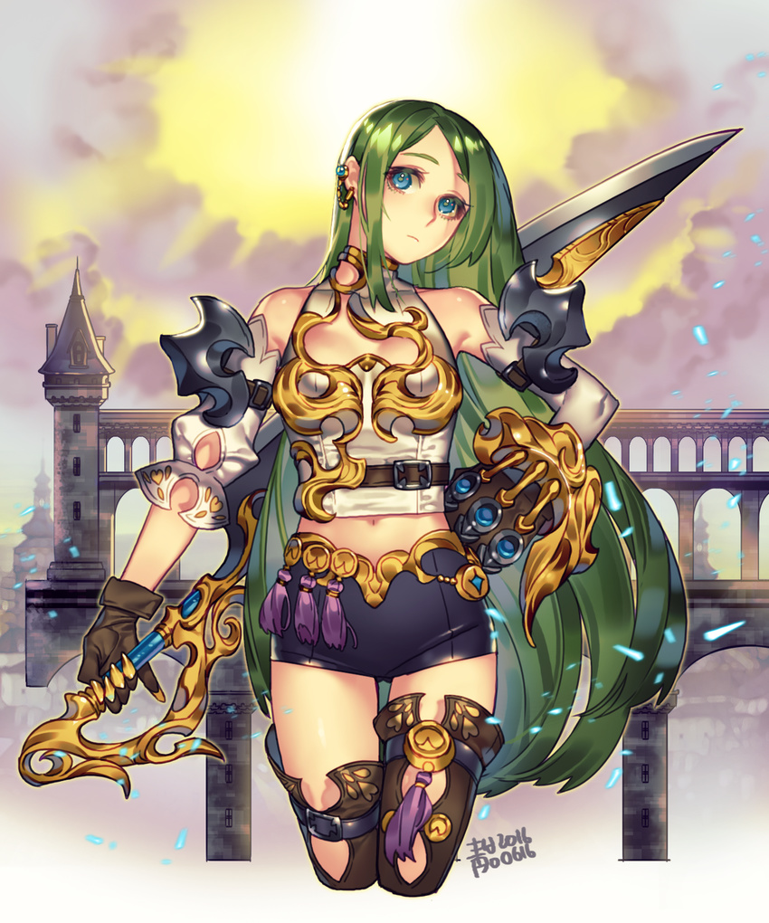 2016 aqueduct bare_shoulders bike_shorts black_legwear black_shorts blue_eyes brown_gloves building closed_mouth cropped_legs earrings erjung gloves green_hair hand_on_hip highres holding holding_sword holding_weapon jewelry long_hair midriff navel number original outdoors shorts solo sword thighhighs very_long_hair weapon