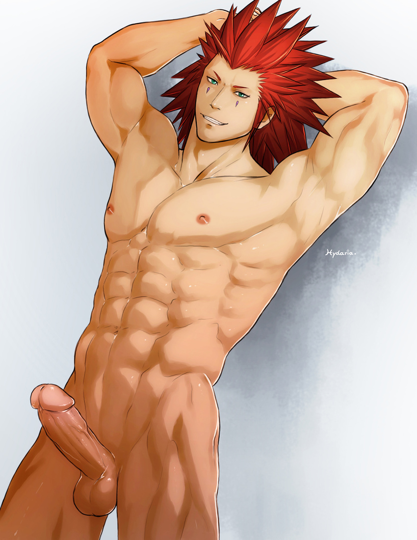 abs against_wall axel erection hydaria kingdom_hearts muscle naughty_face pecs penis red_hair smile solo teeth testicles uncensored