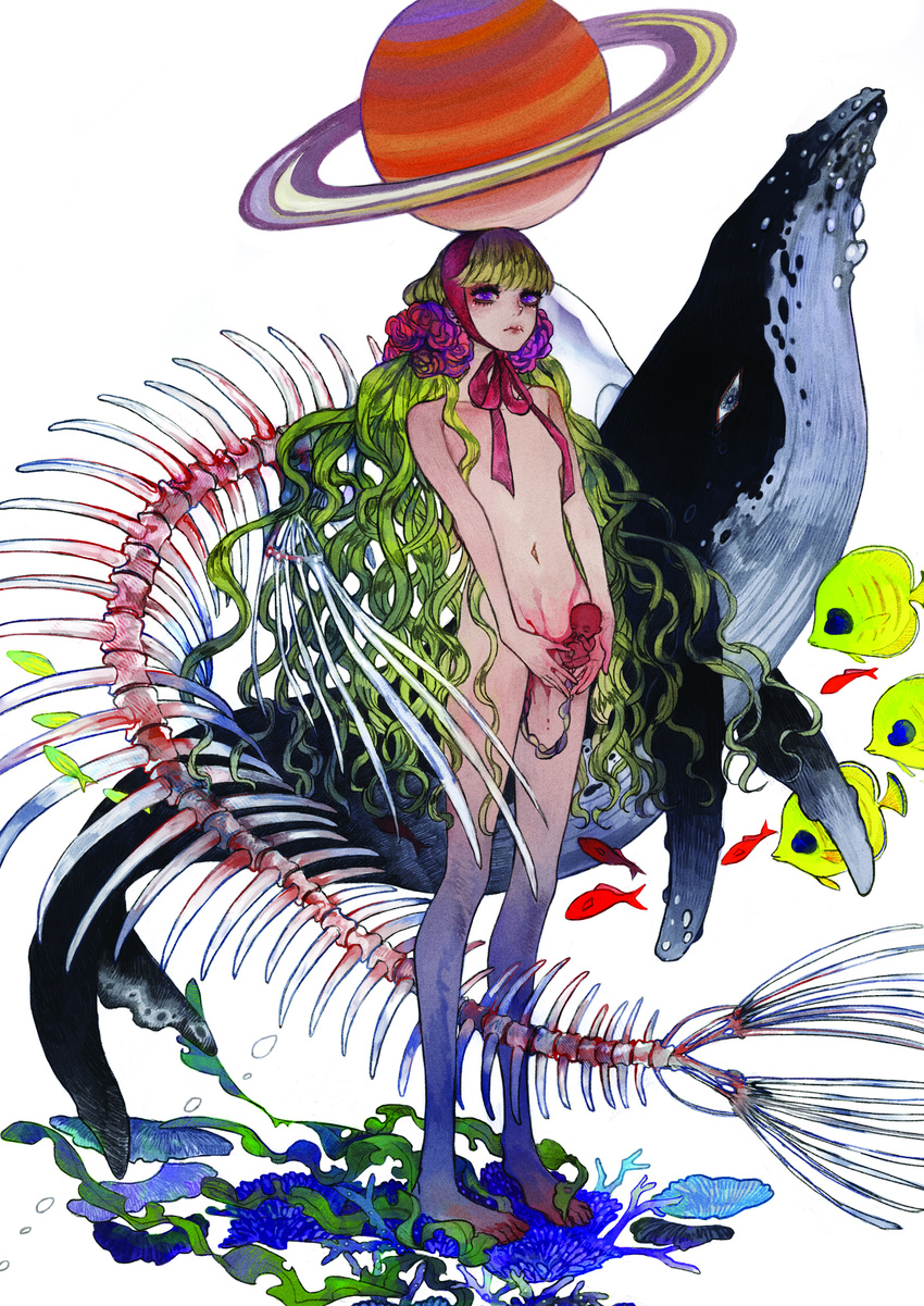 bangs barefoot birth blood blunt_bangs bonnet butterflyfish coral fetus fish fish_skeleton flat_chest flower full_body green_hair hair_flower hair_ornament highres him holding light_frown lipstick long_hair long_legs looking_at_viewer makeup mascara nude original planet planetary_ring plant purple_eyes red_lipstick ribbon saturn seaweed skeleton standing surreal tall tropical_fish umbilical_cord very_long_hair wavy_hair whale white_background