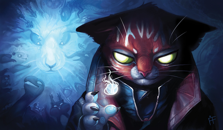 alternate_species anthro bear cat clothing elephant feline firefeathers fish ghost glowing glowing_eyes jace_beleren jacket leather leather_jacket lizard looking_at_viewer magic magic_the_gathering mammal marine mouse panda parody portrait reptile rodent scalie signature spirit squirrel whiskers
