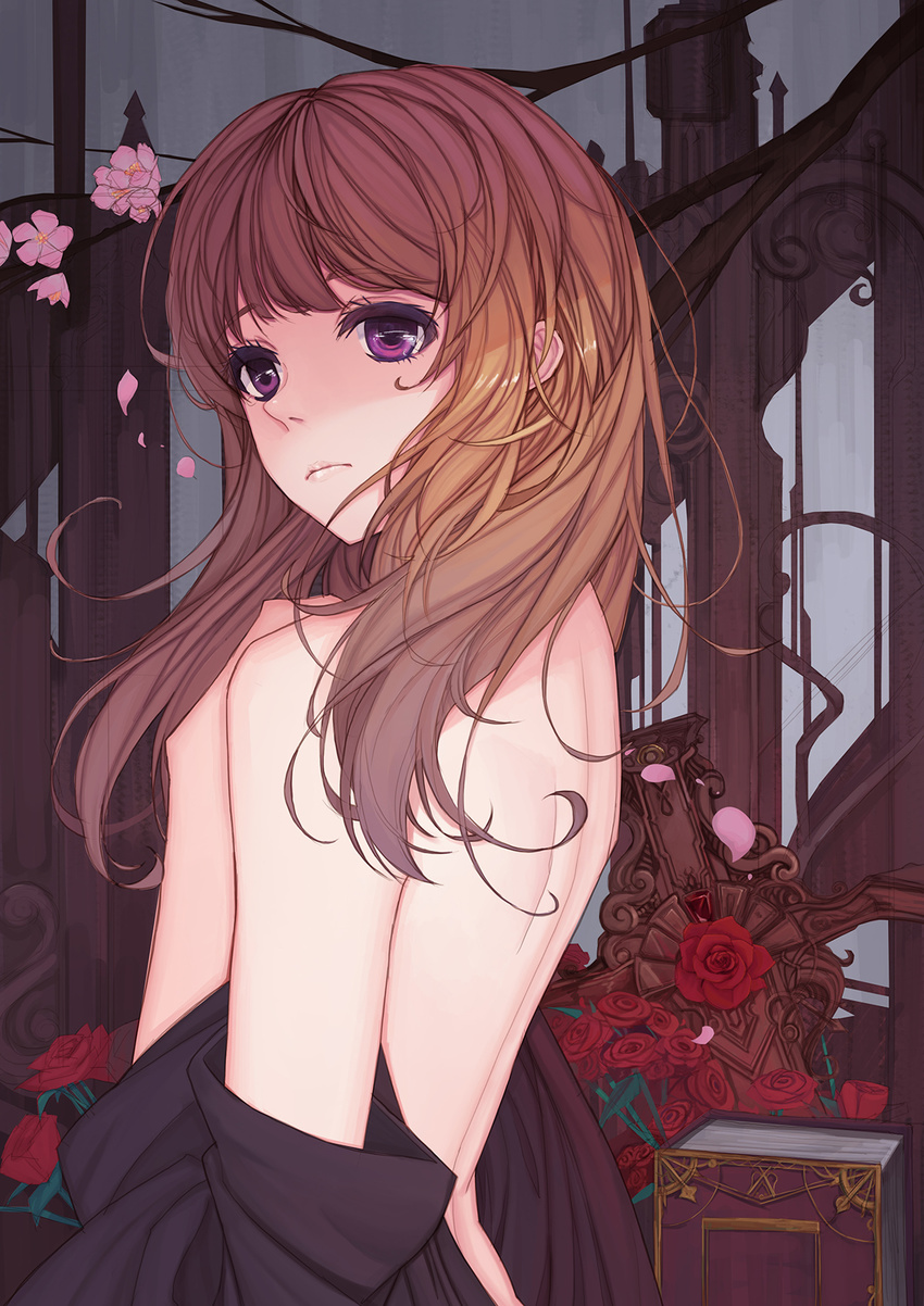 bare_back book brown_hair flower hands_on_own_chest highres long_hair looking_back original partially_undressed purple_eyes rose solo wavy_hair youxuemingdie