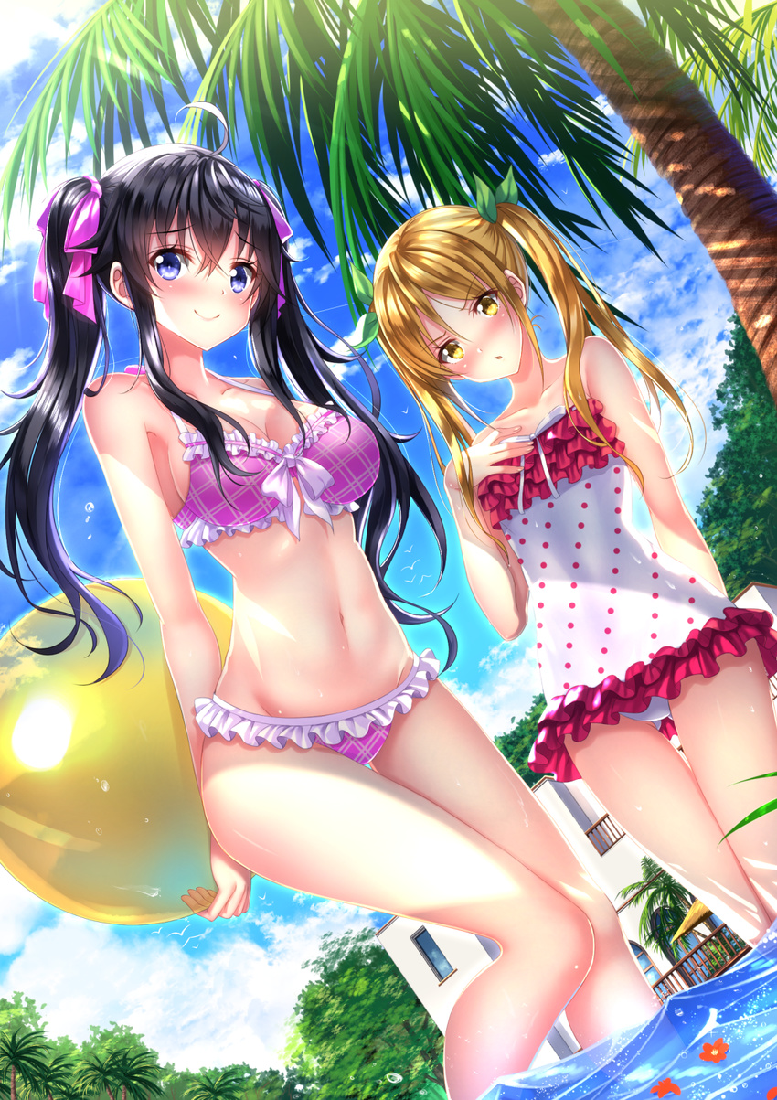 ahoge arms_behind_back ball bare_shoulders beachball bikini black_hair blonde_hair blue_eyes blush breasts casual_one-piece_swimsuit cleavage day frilled_bikini frilled_swimsuit frills front-tie_top hair_ribbon highres large_breasts long_hair looking_at_viewer medium_breasts multiple_girls navel netoge_no_yome_wa_onna_no_ko_janai_to_omotta? one-piece_swimsuit plaid plaid_bikini polka_dot polka_dot_swimsuit purple_bikini ribbon segawa_akane smile swimsuit swordsouls tamaki_ako thigh_gap tree twintails wading water yellow_eyes