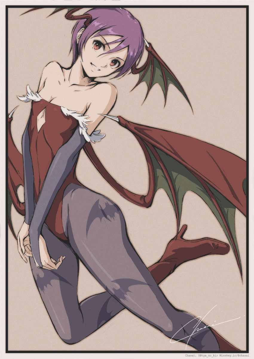 1girl absurdres animal_print bare_shoulders bat_print bat_wings black_background boots border bridal_gauntlets clothing_cutout collarbone darkstalkers diamond_cutout flat_chest hair_between_eyes head_wings high_heel_boots high_heels highres leotard lilith_(darkstalkers) looking_at_viewer moon pantyhose print_pantyhose purple_hair red_boots red_leotard red_moon short_hair signature solo strapless strapless_leotard tyanoki white_border wings