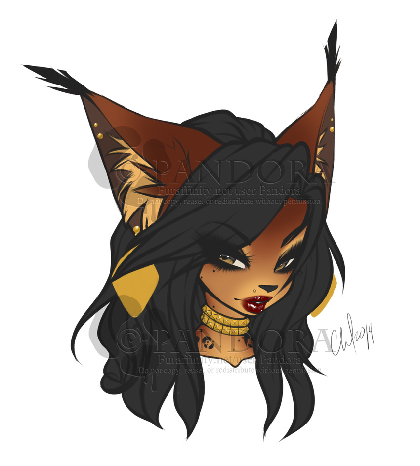 anthro distracting_watermark ear_piercing feline female half-closed_eyes hi_res looking_at_viewer lynx mammal pandora_(artist) piercing simple_background solo watermark white_background