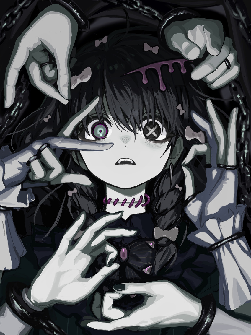 1girl absurdres ahoge alternate_costume bags_under_eyes black_hair bow bowtie braid chain collared_dress cuffs dress earrings extra_arms gloves green_dress hair_bow hatsune_miku highres jewelry long_hair looking_at_viewer mismatched_pupils mudra open_mouth pale_skin partially_fingerless_gloves shackles side_braids single_earring solo stitched_neck stitches straight-on teeth twin_braids upper_body upper_teeth_only vocaloid wawasuke white_gloves wrist_cuffs