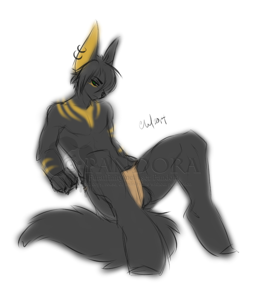 anthro anubis balls canine clothing deity distracting_watermark ear_piercing half-closed_eyes loincloth male mammal mostly_nude pandora_(artist) piercing simple_background solo watermark white_background