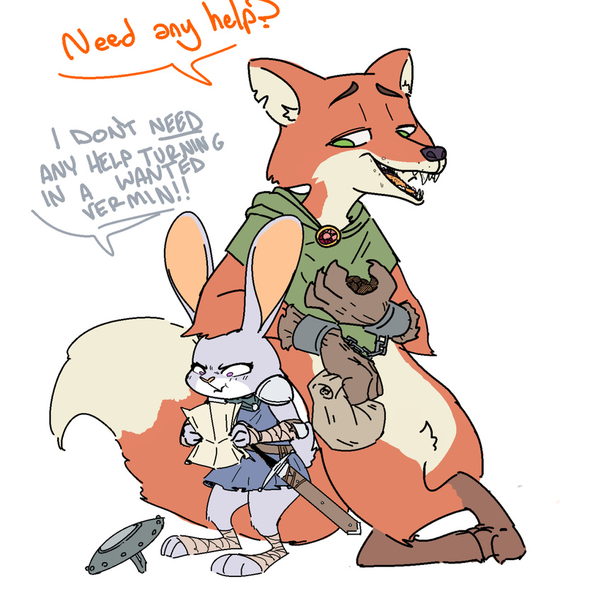 anthro armor barefoot canine chain cloak clothed clothing crossover dialogue disney duo eating english_text fangs featureless_crotch female fox frustrated green_eyes half-closed_eyes judy_hopps lagomorph male mammal melee_weapon nick_wilde nobody_(artist) purple_eyes rabbit redwall seeds shield smug sword text weapon zootopia