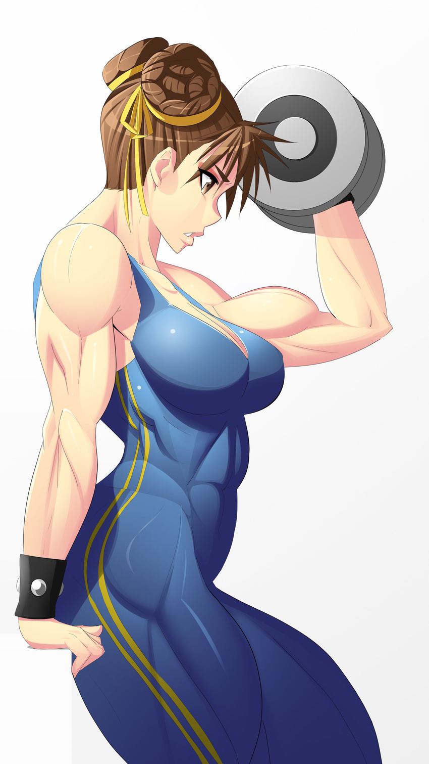 absurdres alternate_costume bad_id bad_pixiv_id biceps breasts brown_eyes brown_hair bun_cover chun-li da_next_art dumbbell from_side hair_ribbon highres large_breasts muscle muscular_female ribbon short_hair sleeveless solo street_fighter street_fighter_zero_(series) unitard weightlifting