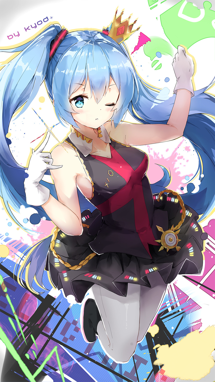 aqua_eyes aqua_hair breasts crown gloves hatsune_miku highres k.syo.e+ kimagure_mercy_(vocaloid) long_hair medium_breasts one_eye_closed pantyhose solo twintails very_long_hair vocaloid