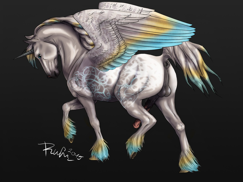 2015 anatomically_correct anatomically_correct_anus anatomically_correct_penis animal_genitalia animal_penis anus backsack balls black_background equine equine_penis erection feathered_wings feathering feathers feral fur grey_eyes grey_fur hooves horn looking_at_viewer male mammal mane medial_ring multicolored_fur penis perineum pointy_ears puffy_anus quadruped raised_tail rufciu side_view signature simple_background solo two_tone_fur vein veiny_penis walking white_fur winged_unicorn wings