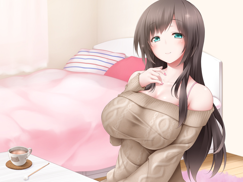 bangs bare_shoulders bed bed_sheet breasts brown_hair brown_sweater closed_mouth coffee collarbone cup curtains eyebrows_visible_through_hair fingernails hand_on_own_chest hand_up highres huge_breasts indoors long_fingernails long_hair looking_at_viewer midoriiro_no_shinzou nail_polish off-shoulder_sweater original pillow pink_nails ribbed_sweater saucer smile solo spaghetti_strap sparkle steam striped striped_pillow sweater teacup
