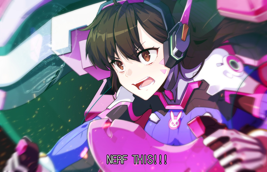 animal_print armor bad_id bad_pixiv_id bangs bodysuit boots breasts brown_eyes brown_hair bunny bunny_print cockpit d.va_(overwatch) english eyebrows eyebrows_visible_through_hair facepaint facial_mark fangs gloves headphones high_collar holographic_interface holographic_monitor hwansang long_hair mecha medium_breasts meka_(overwatch) open_mouth overwatch pilot pilot_suit piloting shoulder_pads solo teeth turtleneck whisker_markings white_gloves