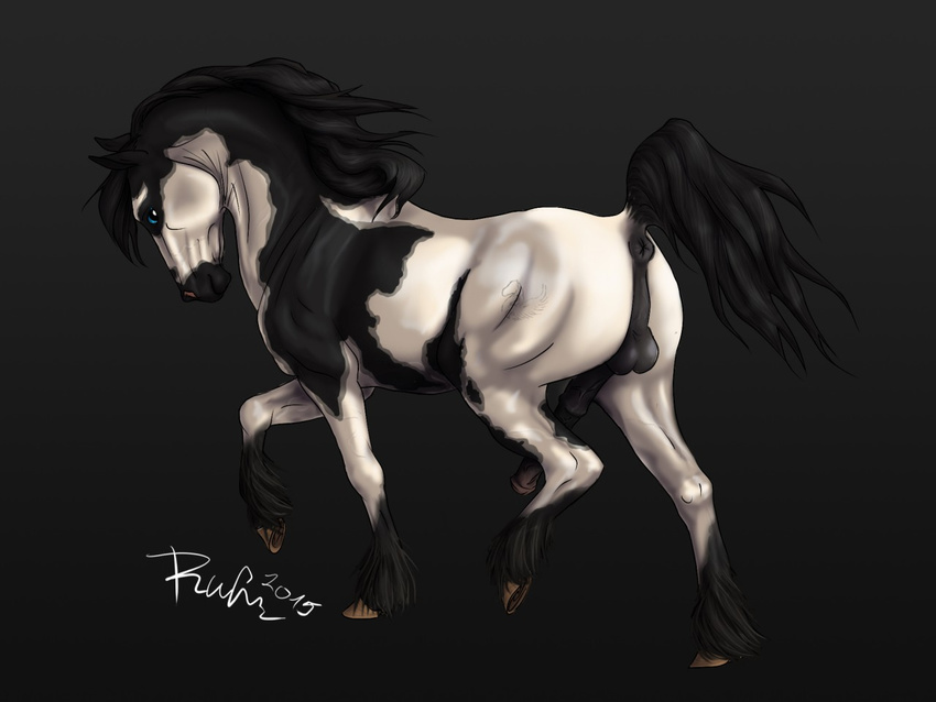 2015 anatomically_correct anatomically_correct_anus anatomically_correct_penis animal_genitalia animal_penis anus backsack balls black_background black_fur blue_eyes equine equine_penis erection feathering feral fur hooves horse looking_at_viewer male mammal mane medial_ring multicolored_fur penis perineum pointy_ears puffy_anus quadruped raised_tail rufciu shadow_(dragonwolf20) side_view signature simple_background solo two_tone_fur vein veiny_penis walking white_fur