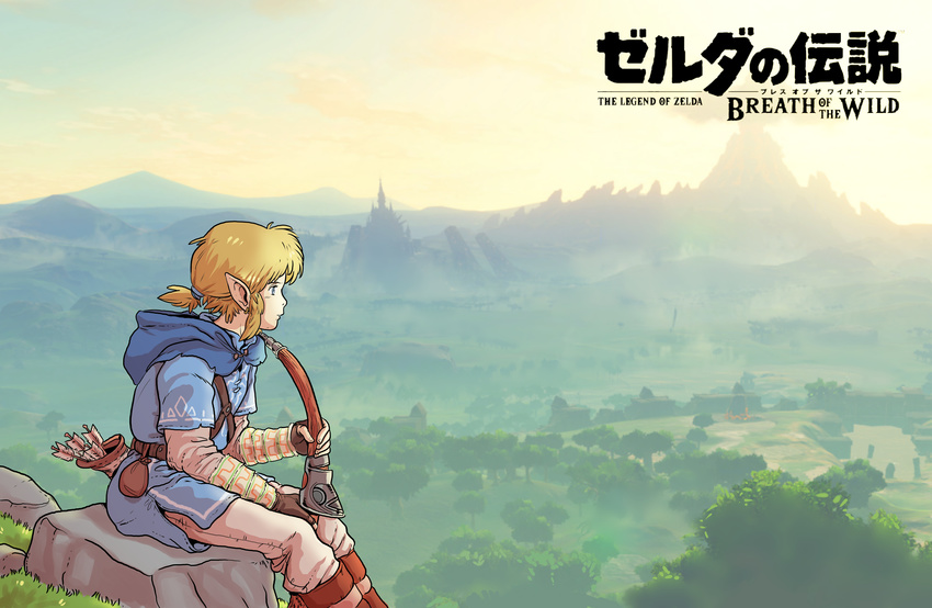 absurdres arrow blonde_hair bow_(weapon) highres link male_focus parody ponytail quiver ren_ferrer scenery short_ponytail solo studio_ghibli_(style) style_parody the_legend_of_zelda the_legend_of_zelda:_breath_of_the_wild weapon