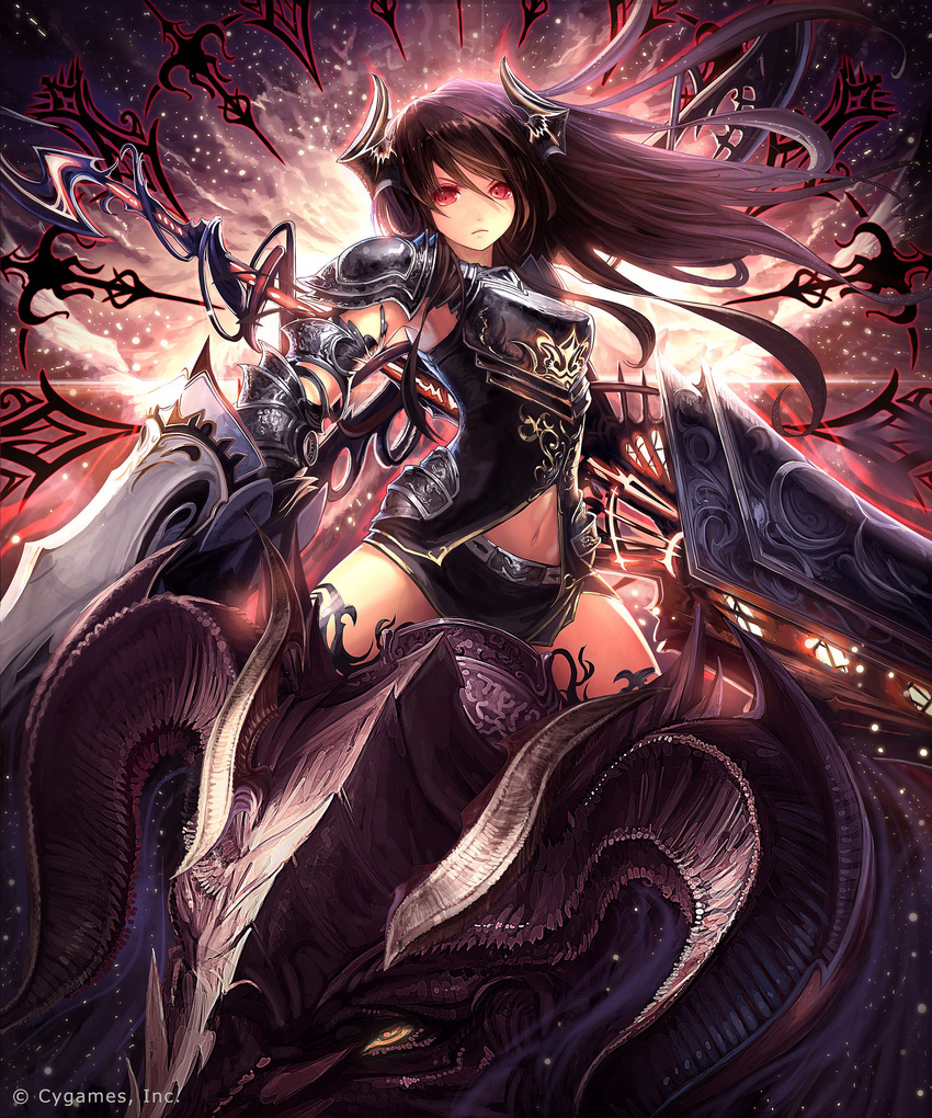 absurdres armor black_hair black_legwear breastplate dragon draph dual_wielding forte_(shingeki_no_bahamut) gauntlets highres holding holding_weapon horns lance long_hair looking_at_viewer midriff miniskirt navel pauldrons polearm purple_hair red_eyes riding scan shingeki_no_bahamut skirt solo tachikawa_mushimaro thighhighs weapon