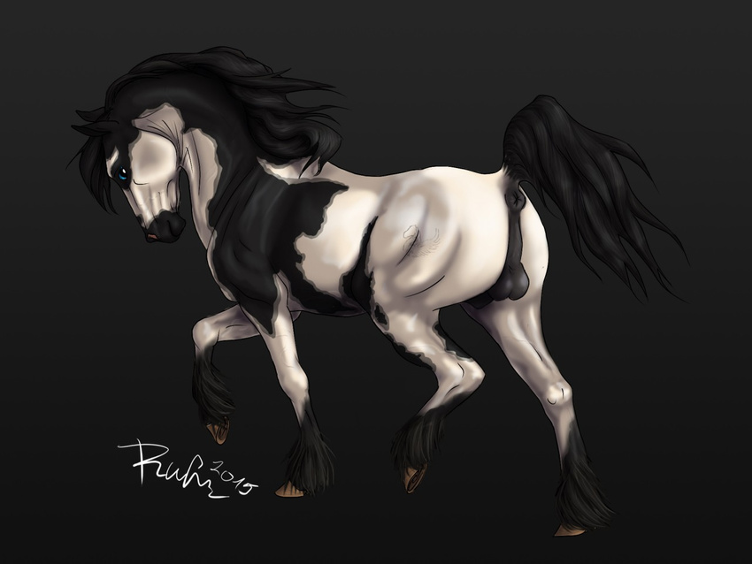 2015 anatomically_correct anatomically_correct_anus animal_genitalia anus backsack balls black_background black_fur blue_eyes equine feathering feral fully_sheathed fur hooves horse looking_at_viewer male mammal mane multicolored_fur perineum pointy_ears puffy_anus quadruped raised_tail rufciu shadow_(dragonwolf20) sheath side_view signature simple_background solo two_tone_fur walking white_fur