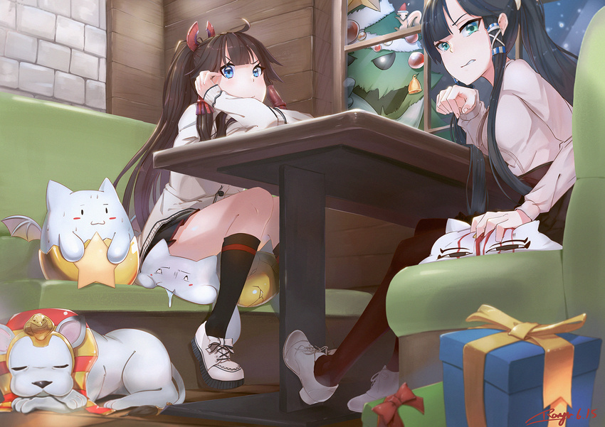 2girls animal barefoot blood blue_eyes blush brown_hair christmas green_eyes isis_(p&amp;d) long_hair nephthys_(p&amp;d) night puzzle_&amp;_dragons ranyu_kuro seifuku signed skirt snow stockings wings