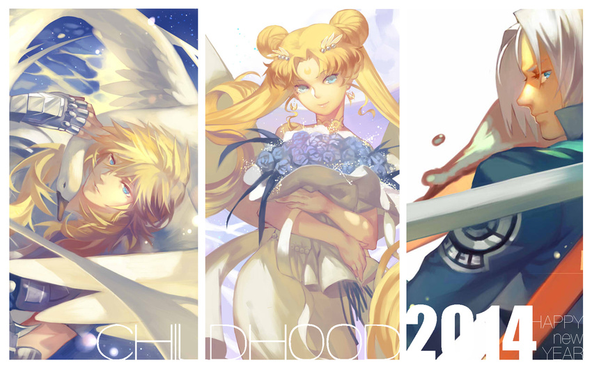 2014 2boys bishoujo_senshi_sailor_moon blonde_hair cygnus_hyouga dragon_ball dragon_ball_z happy_new_year highres joseph_lee long_hair multiple_boys new_year princess_serenity saint_seiya sword trunks_(dragon_ball) tsukino_usagi weapon white_hair