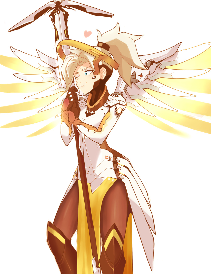 1girl blonde_hair highres mechanical_halo mechanical_wings mercy_(overwatch) overwatch pantyhose sally_(luna-arts) short_ponytail smile solo staff wings