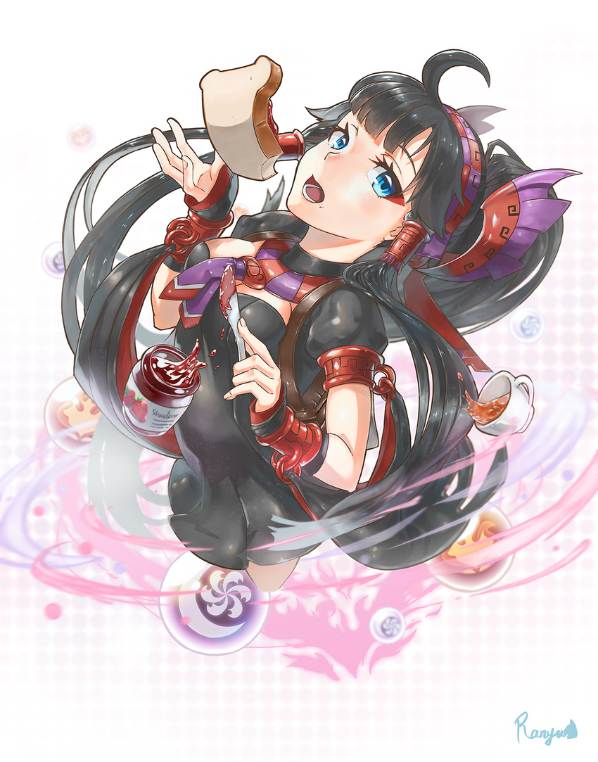 black_hair blue_eyes cup dress food food_on_face hairband highres jam jar long_hair necktie nephthys_(p&amp;d) open_mouth puzzle_&amp;_dragons ranyu solo table_knife tea teacup toast upper_body