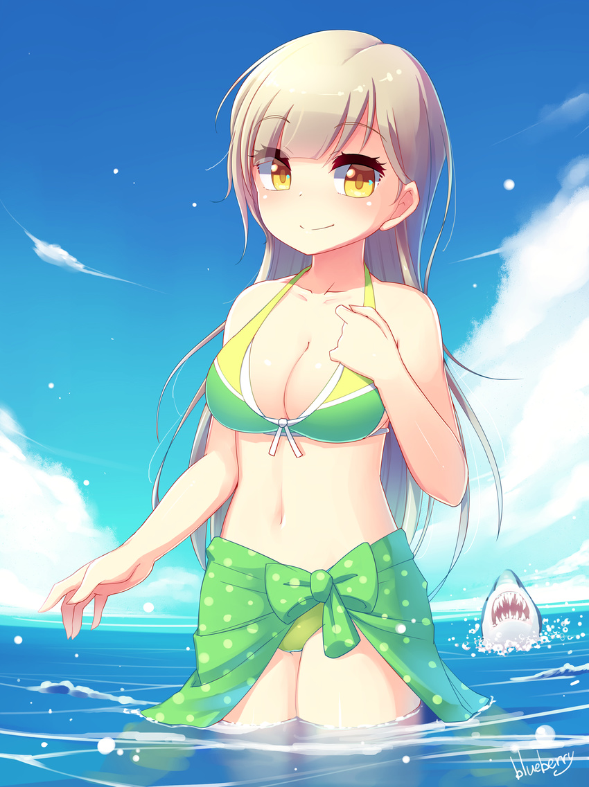 artist_name bangs bare_shoulders bikini blue_sky blueberry_(5959) bow breasts brown_hair cleavage cloud collarbone day eyebrows eyebrows_visible_through_hair green_bikini highres horizon long_hair looking_at_viewer medium_breasts navel ocean original shark sky smile solo swimsuit teeth wading yellow_eyes